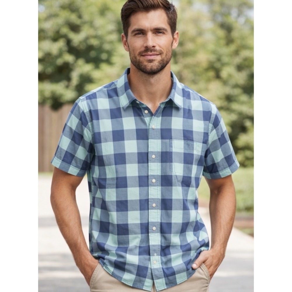 UNTUCKit Mens Lg Short Sleeve Cotton Button Down Shirt Green Navy Buffalo Check - Picture 3 of 5